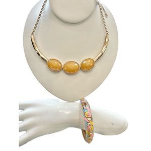 Golden mustard yellow three large gemstone and gold necklace and pink floral ena